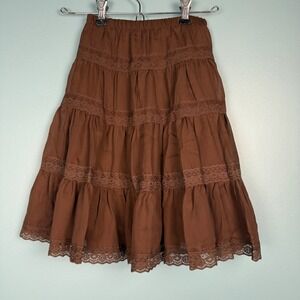 MaryKate and Ashley Brown Tiered Lace Trim Prairie Skirt XS 4/5 Cottagecore Boho